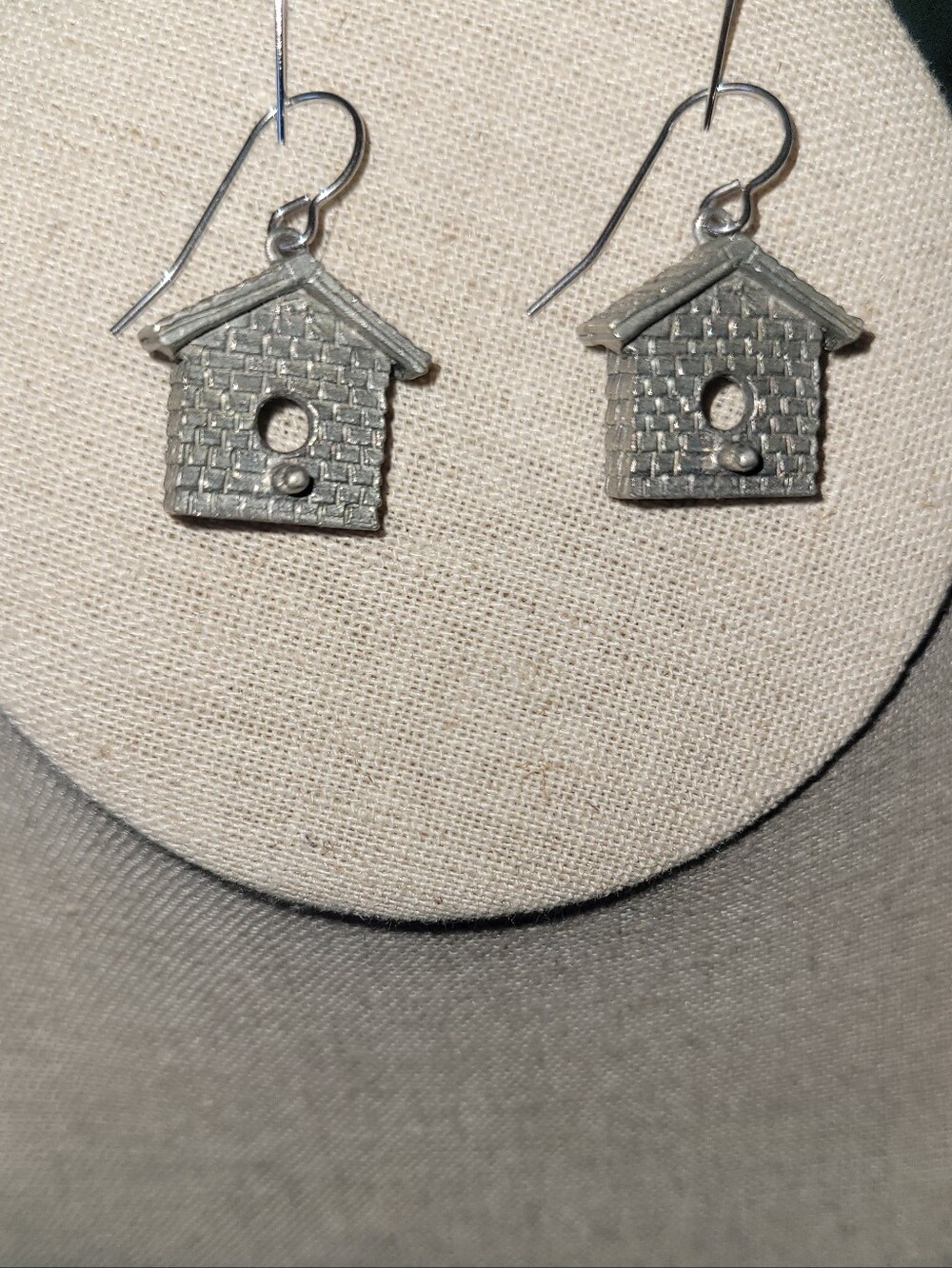 Vintage Jim Cliff Pewter Birdhouse Charm Drop Earrings
